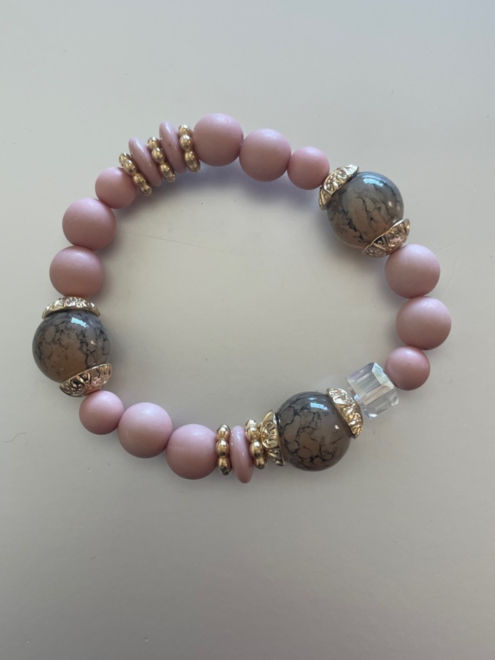 Pink and Gold Tone Beaded Stretch Bracelet